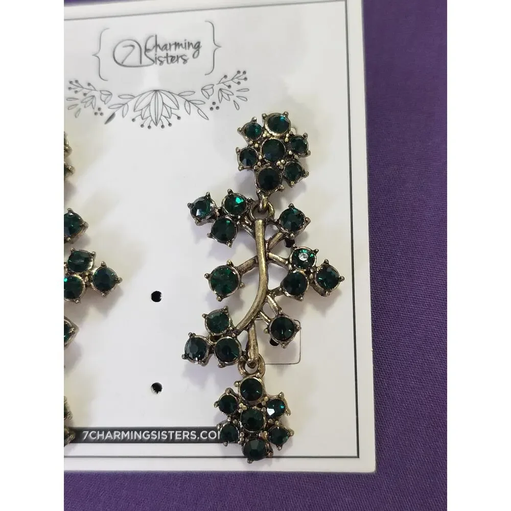 Green Rhinestone Crystal Flower Chandelier Dangle Earrings Antiqued Gold Tone